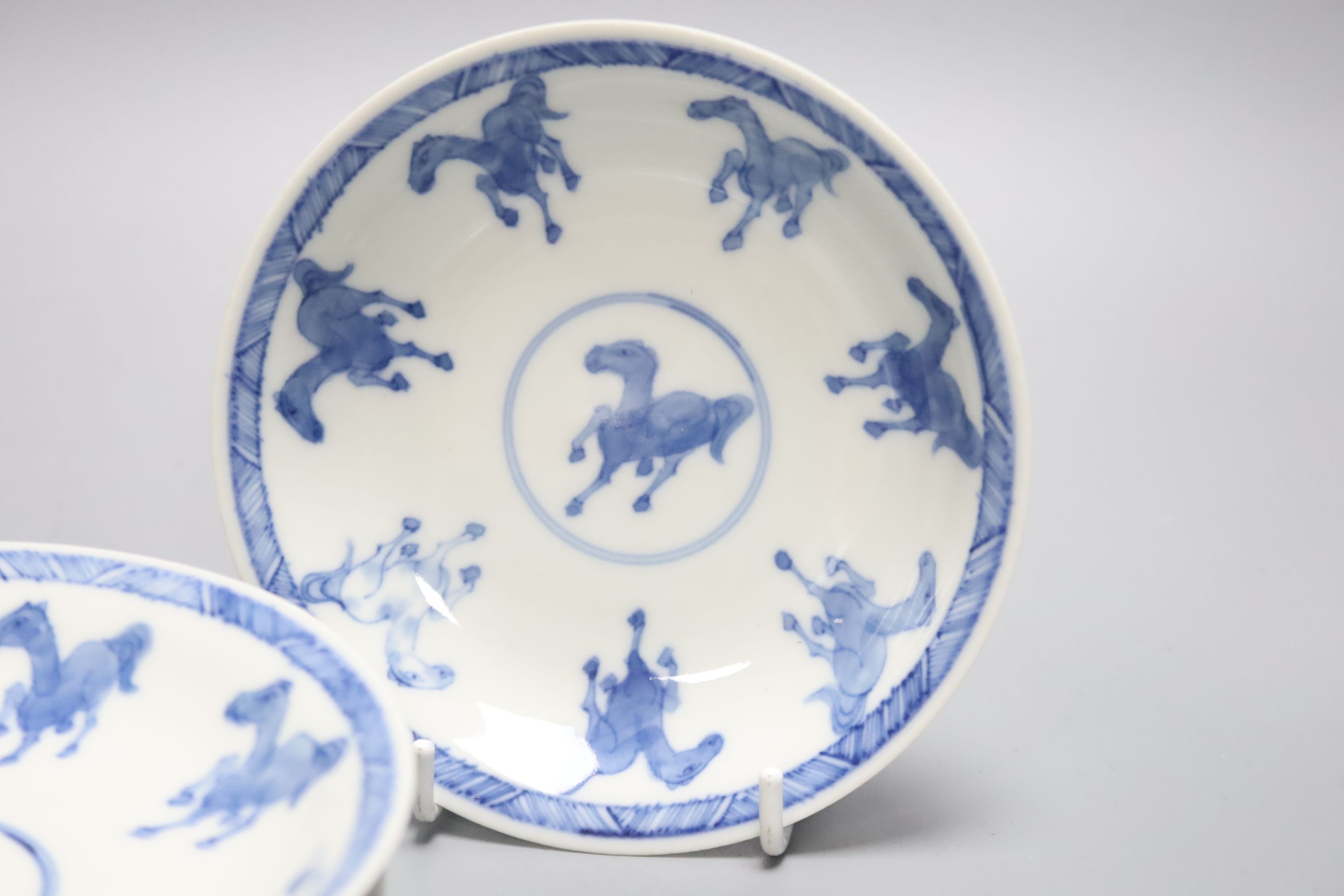 Six Chinese blue and white Horses tea bowls and saucers and four ladies tea bowls and saucers (20)